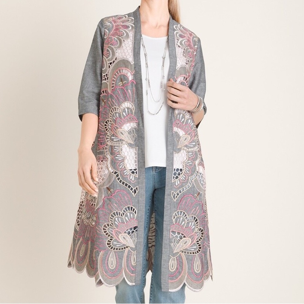 Chico’s Embroidered Linen Blend Kimono Jacket